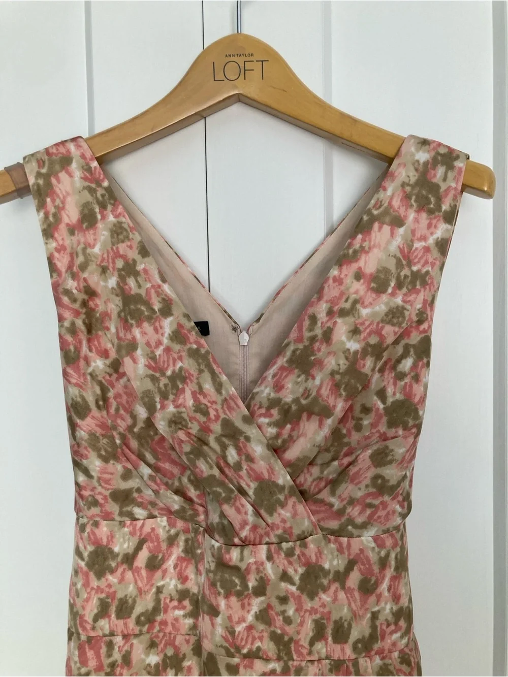 Talbots Pink and Taupe Floral V Neck Sleeveless Dress with Bow